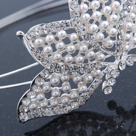 Bridal Tiara Headband Faux Pearl Crystal Butterfly Rhinestone Wedding Prom main image 6